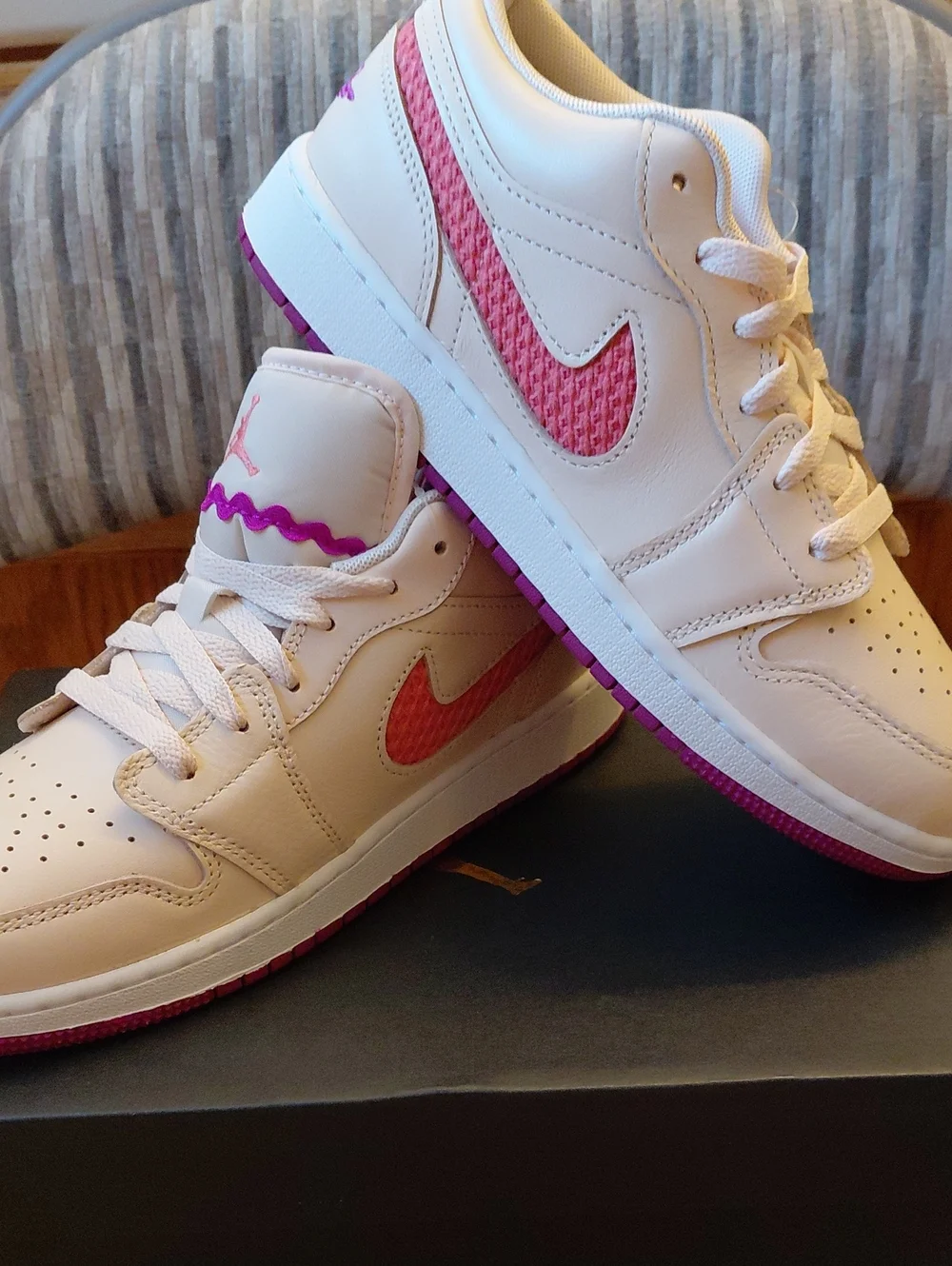 Brand New AJ1's Low Pink Swoosh and Purple Outsole Youth=6.5 Women=8